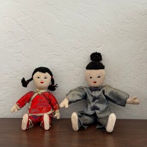Pair Of Vintage Asian Dolls Primitive Blue Red‎ Boy and Girl Unique